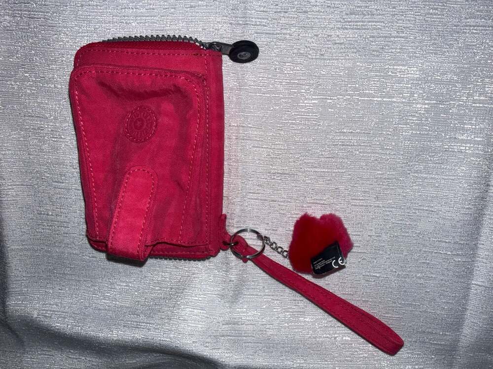 Kipling Red Nylon Zip Around Wristlet Wallet with ID Window and Fuzzy Keychain